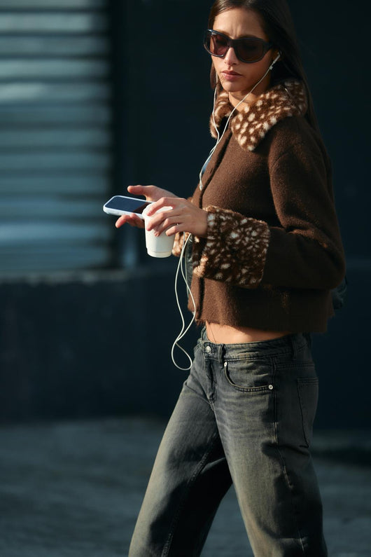 Bambi Faux Fur Cardigan — angled lifestyle view