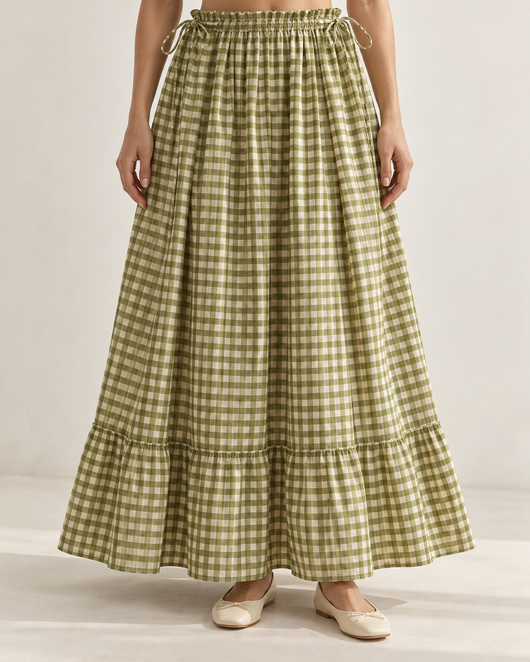 Willow Adjustable Maxi Skirt in Olive Gingham, front view